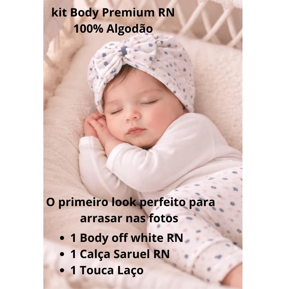 Kit Saída Maternidade RN Menina Premium off White 03 Peças 100% Algodão Body, Calça Saruel, Touca com laço