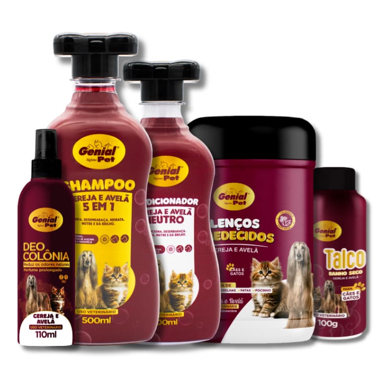 Kit Shampoo 5 em 1, Condicionador, Talco, Lenço e Deo Colônia Cereja e Avelã para Cães e Gatos