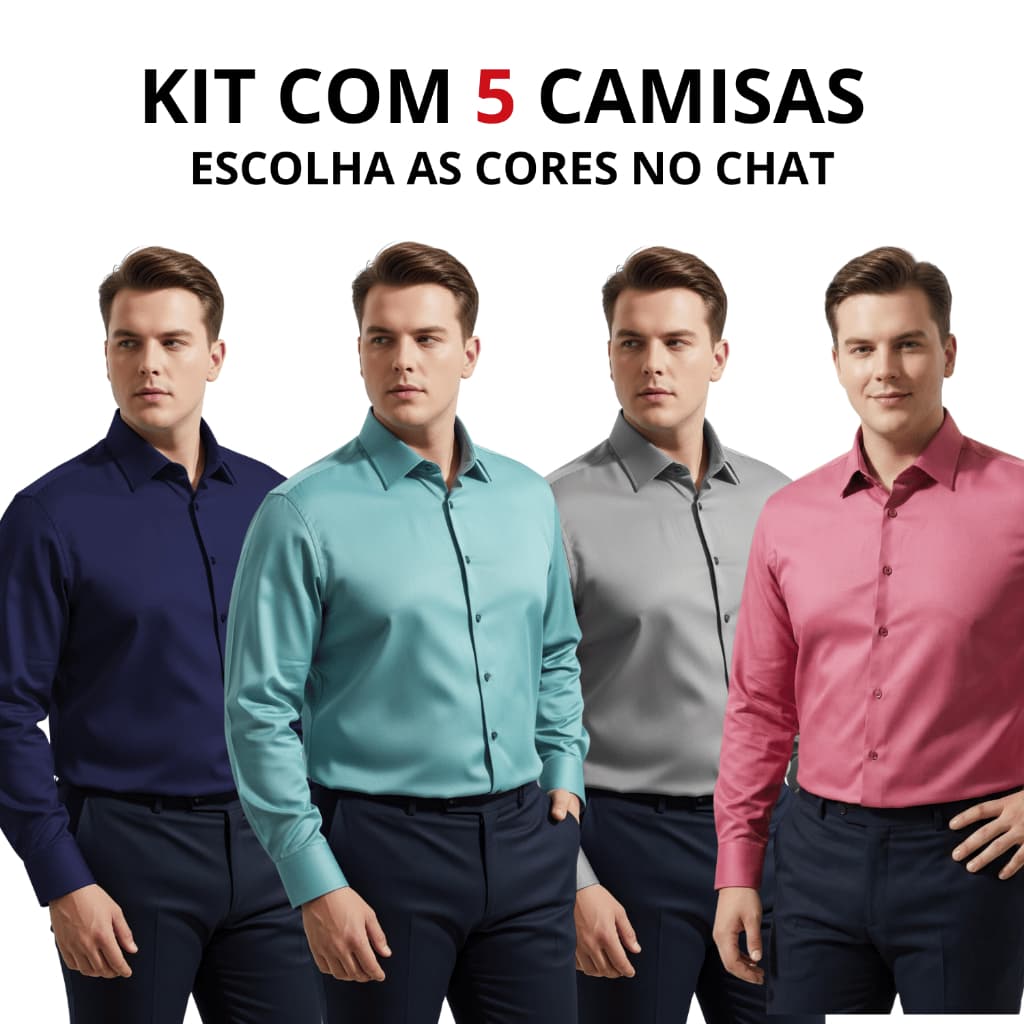 Kit 5 Camisa Social Masculina Manga Longa Slim Lisa Plus Size