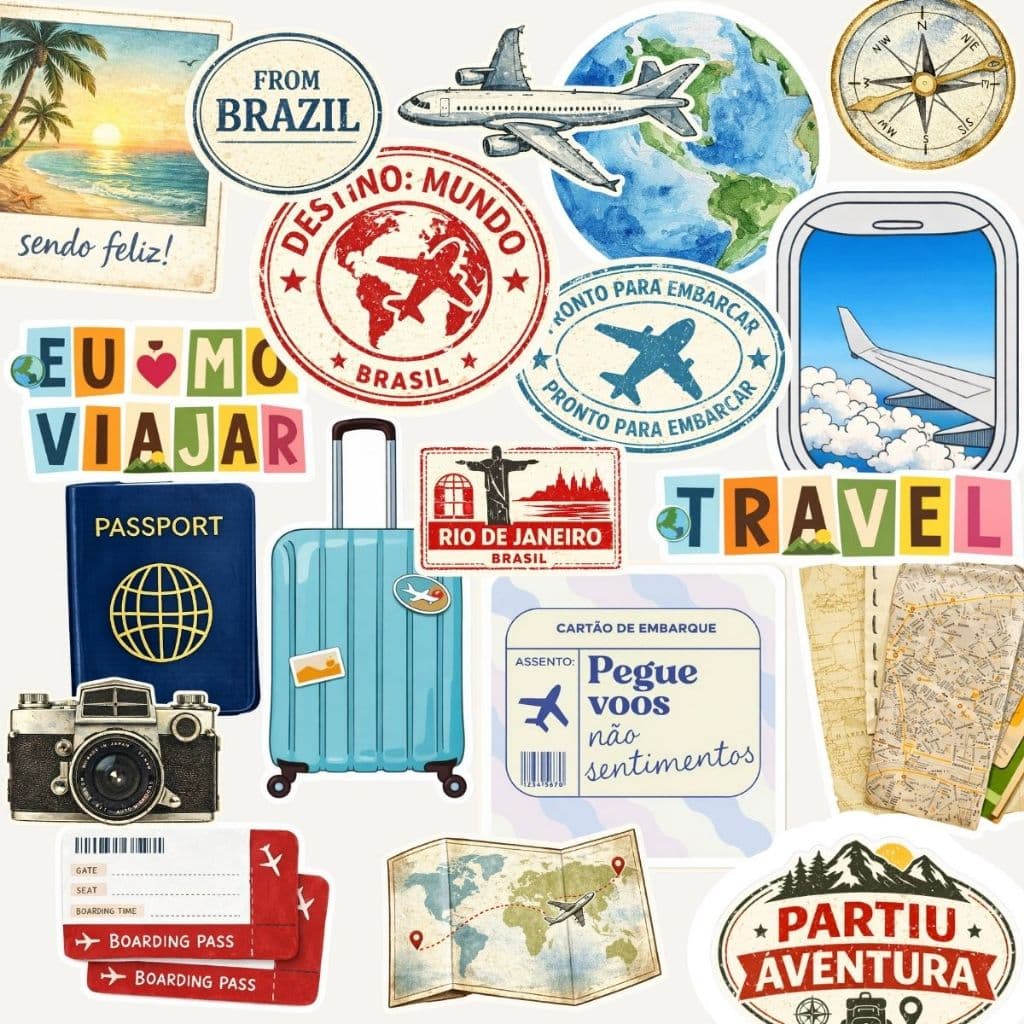 19 Adesivos Travel Para Colagem e Personalização Journal Scrapbook Diário