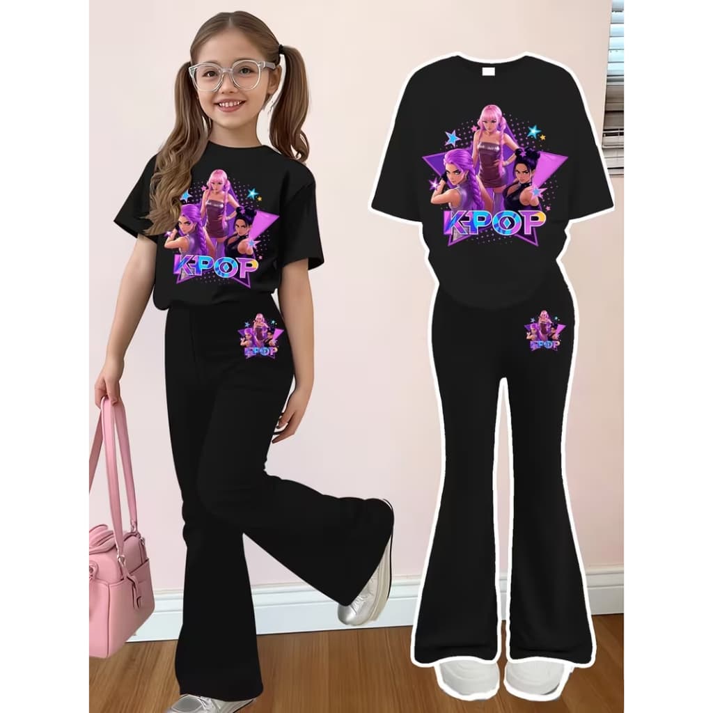 CONJUNTO INFANTIL CALÇA FLARE MOLETOM+CAMISETA K-POP MODINHA CRIANÇA