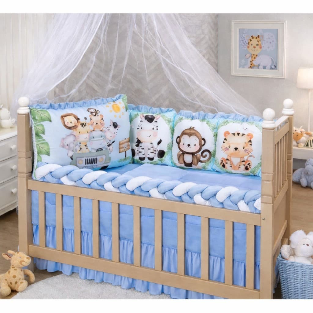 Kit Berço Safari Almofadinha com trança Completo Menino e Menina 12 peças Quarto de Bebê Enxoval