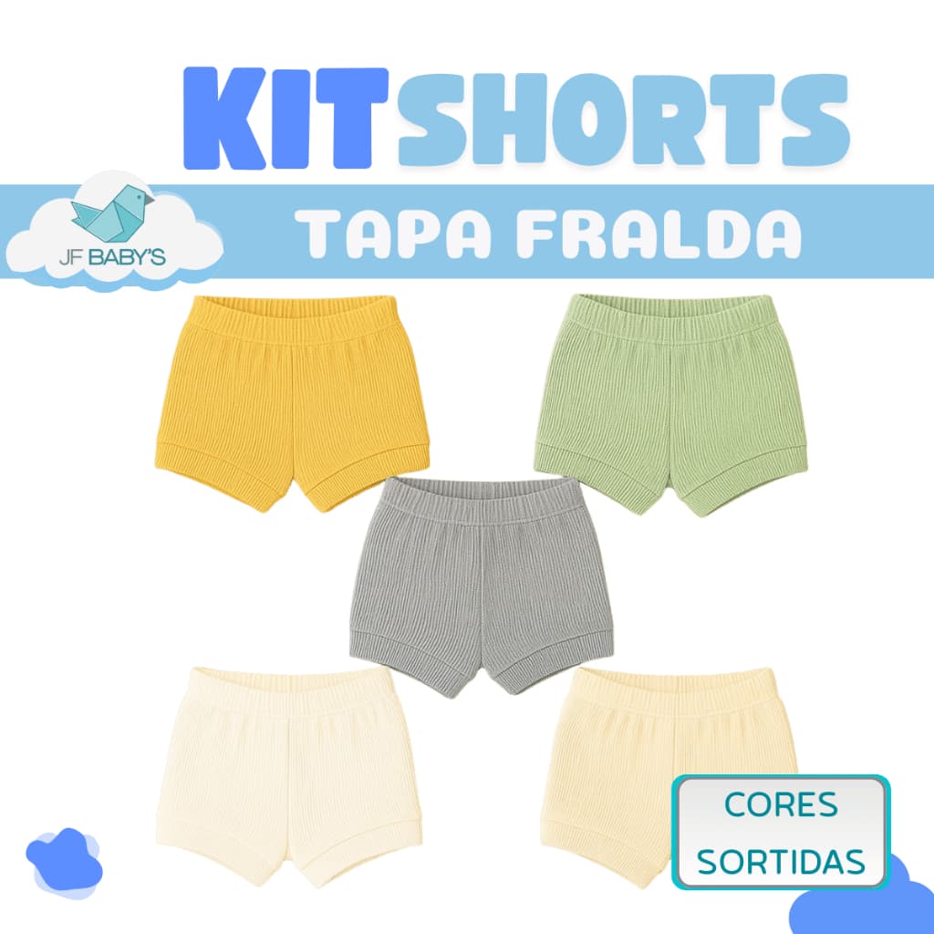 Kit 5 Shorts Bebê Tapa Fralda Ribana Menino Menina Infantil Shorts Bebê Cores Sortidas