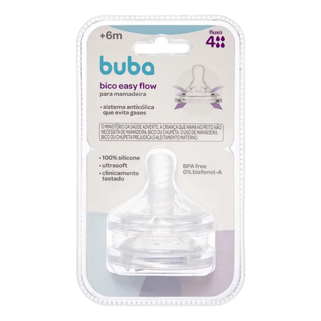 Kit 2 Bico Para Mamadeira Easy Flow Buba Fluxo Rápido Nº4 6m+ Anticólica Evitando Gases