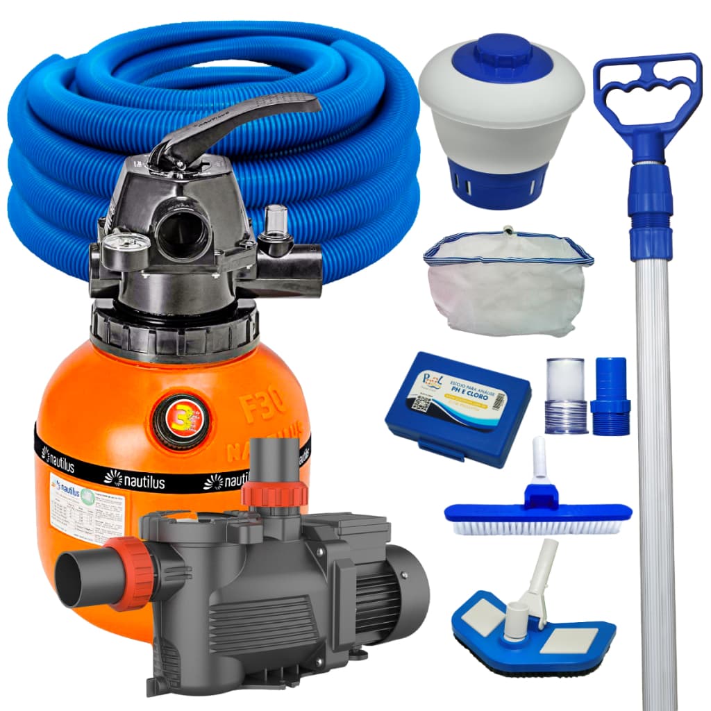 Kit FIltro de Areia F300 Nautilus Motobomba 1/4cv Lepono Kit Limpeza Completo Aspiração Conjunto Filtrante Piscina 24m³