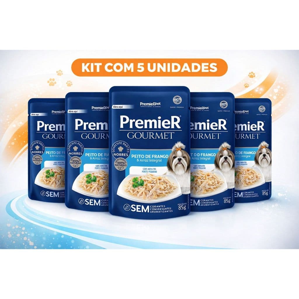Kit 5 Ração Úmida PremieR Cachorros Adultos Gourmet Peito de Frango e Arroz Integral 85 g. Produto Original