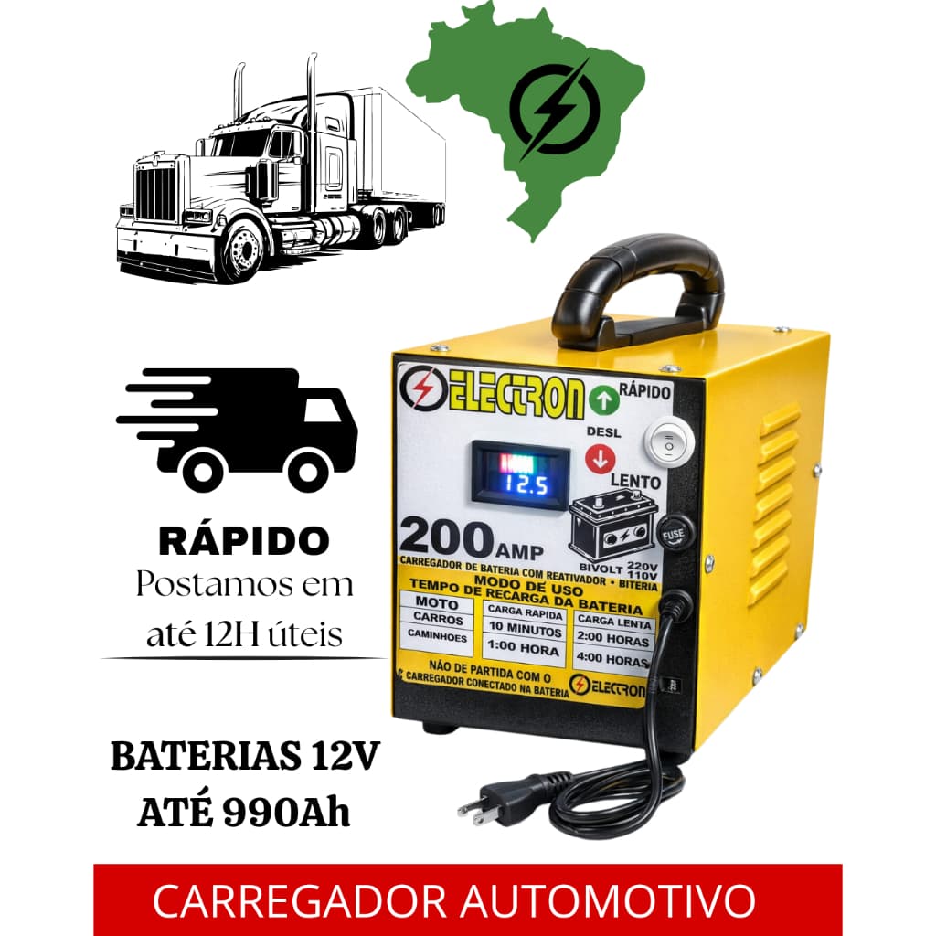 CARREGADOR DE BATERIA AUTOMOTIVO 12V PARA CARRO, MOTO, BARCO.