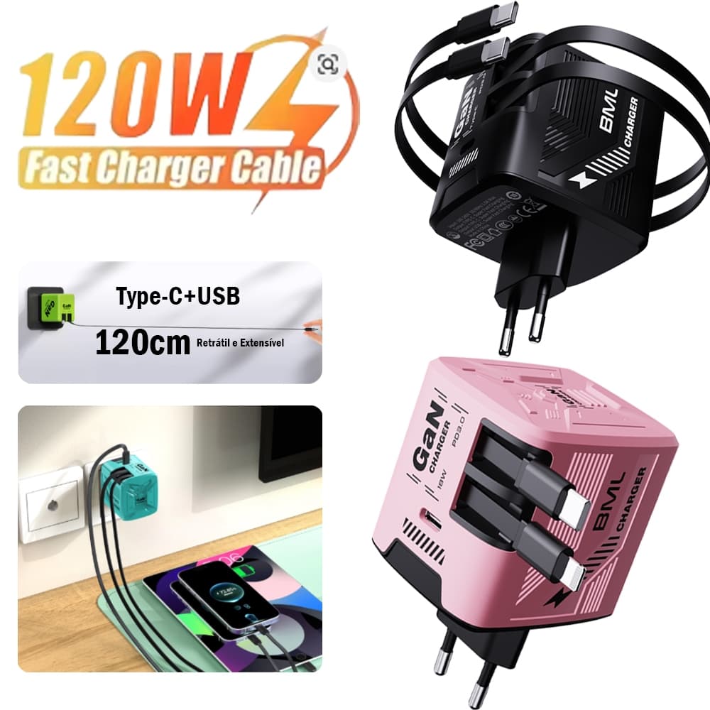 Carregador Turbo Retrátil 120W Tipo-C e Lightning Carregamento Rápido para 3 Dispositivos Compatível iPhone Android