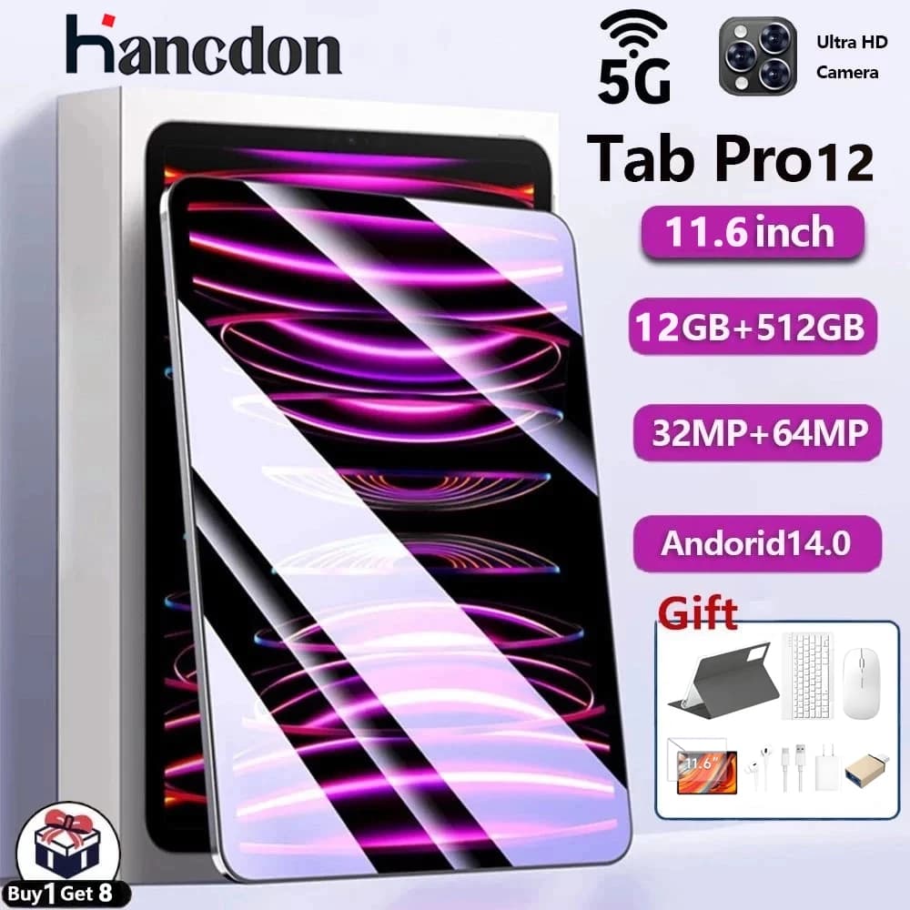 Hancdon Tablet Pro12 MAX 12GB RAM+512GB Tela HD 11.6", Android 14, 8800mAh, Câmera Dupla 48MP+24MP - Desempenho 5G WIFI+