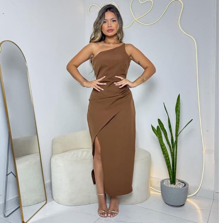 Vestido Feminino  Mídi Alfaiataria  Com Fenda  com Zíper na Costa