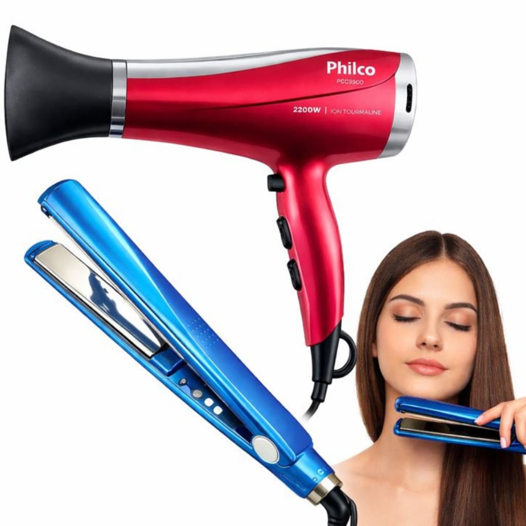 Kit Secador Philco 2200W Profissional Original Bivolt +  Prancha Chapinha Nano Titanium Profissional