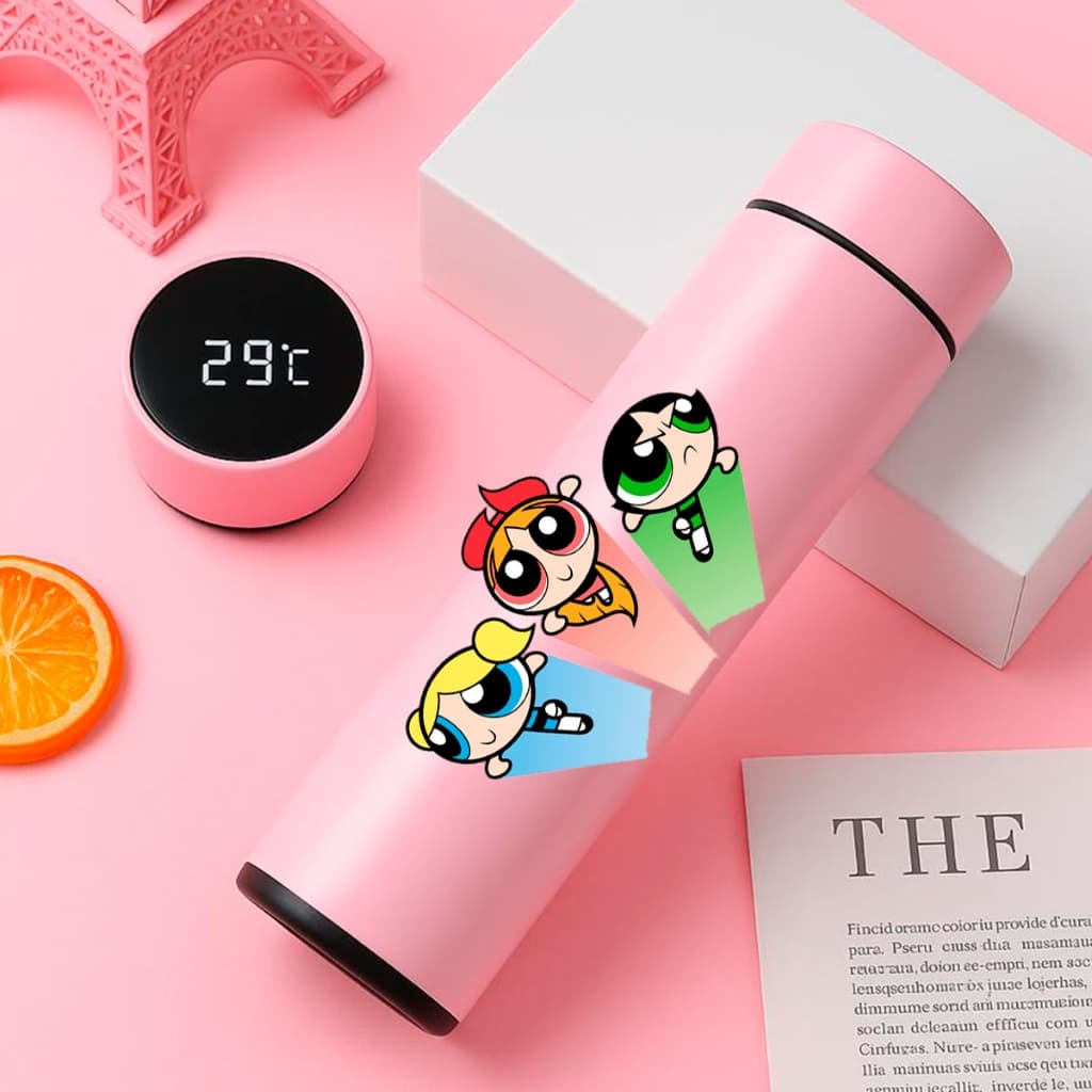 Garrafa Térmica Inox Meninas Super Poderosas 500Ml Com Termometro Led Digital Anime Desenho