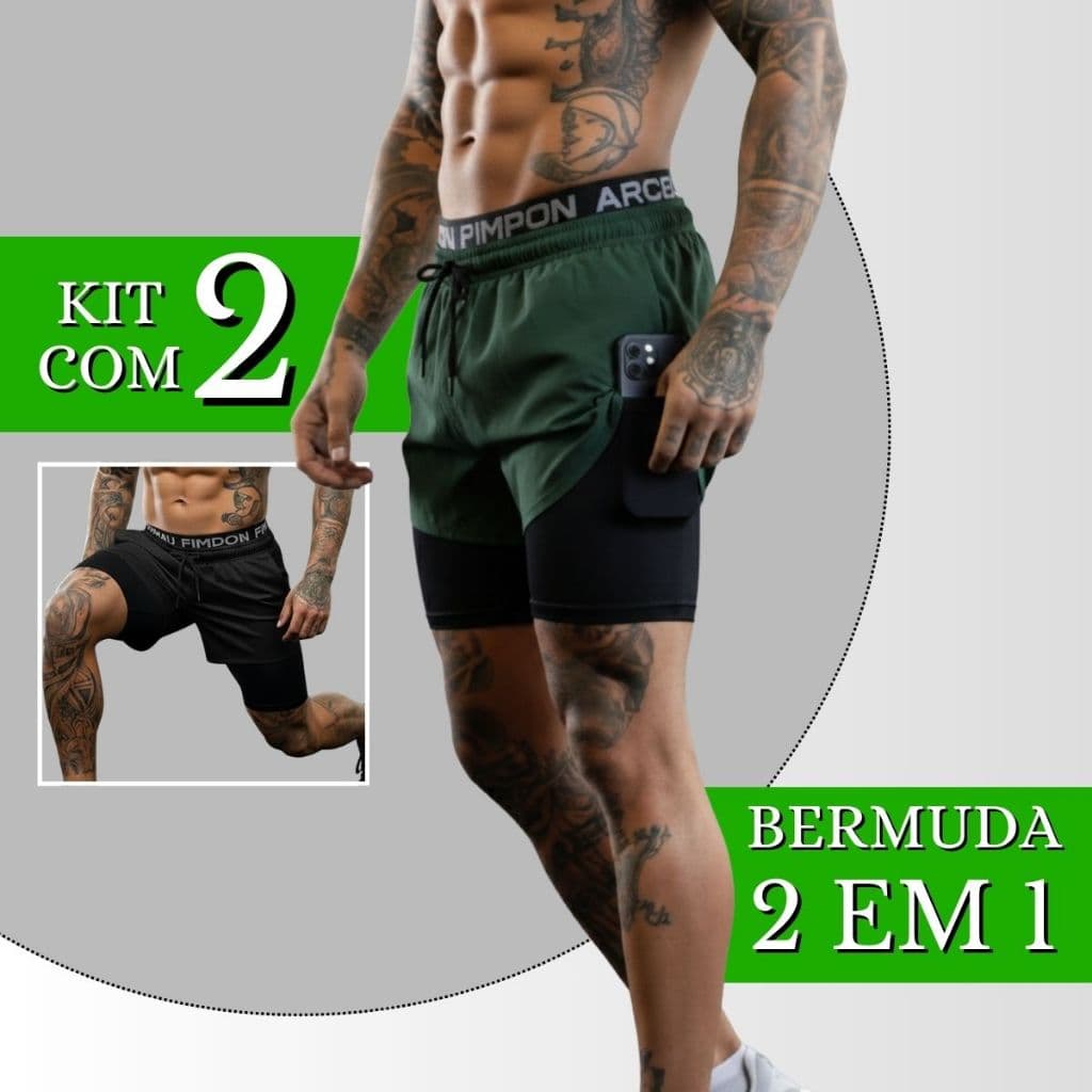 Kit 2 Bermudas 2 em 1 Masculina Esportiva Academia Treino Fabrica Fitnees Musculação