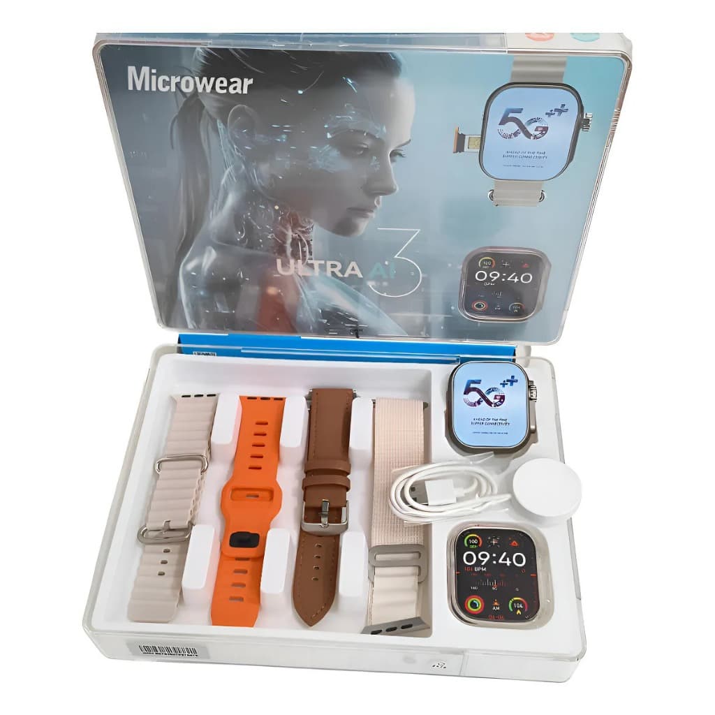 Smartwatch Ultra 3 Ai Chip 5g | Câmera | Wifi | 16gb | Relógio Inteligente | Kit 4 Pulseiras Microwear