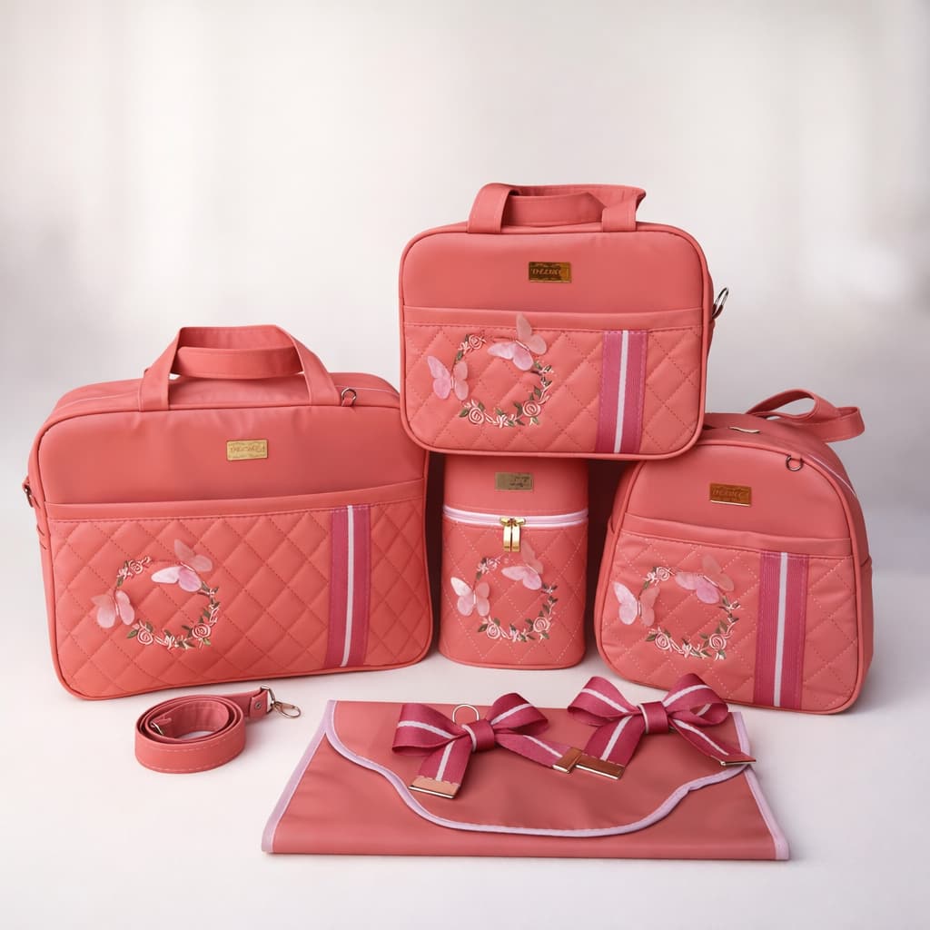 Kit bolsas de bebê saída maternidade enxoval completo borboletas bordado laço rosê bebê impermeável térmica reforçada.