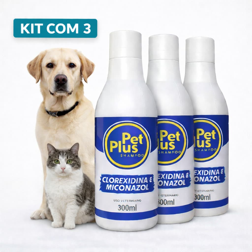 Shampoo com Clorexidina e Miconazol  300ml Antifungo para Cães e Gatos Pet Plus