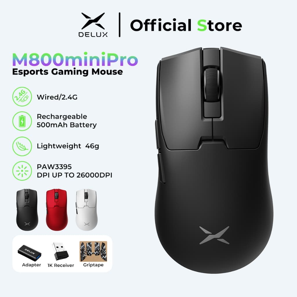 Mouse Gamer Sem Fio DELUX M800 Mini Pro 43g Ultra Leve – PAW3395, 8K Wireless, 26000 DPI, Para Mãos Pequenas