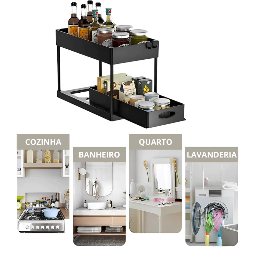 Organizador Multiuso Banheiro, Cozinha e Lavanderia 2 Andares Bandeja Deslizante | Preto e Branco