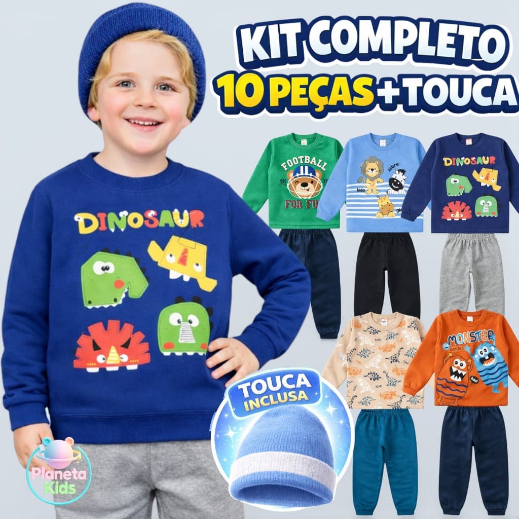 Kit 10 Peças Moletom + Touca Infantil Menino Inverno