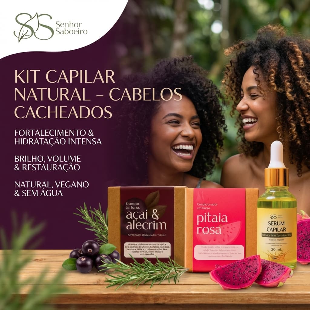 Kit Cabelos Cacheados - Cachos Perfeitos e Definidos - Shampoo açaí + Condicionador pitaia + Sérum Capilar hidratante