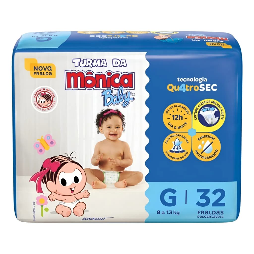 Fraldas Descartaveis Turma da Mônica Baby  QuatroSec G (7 a 11 kilos ) 32 un