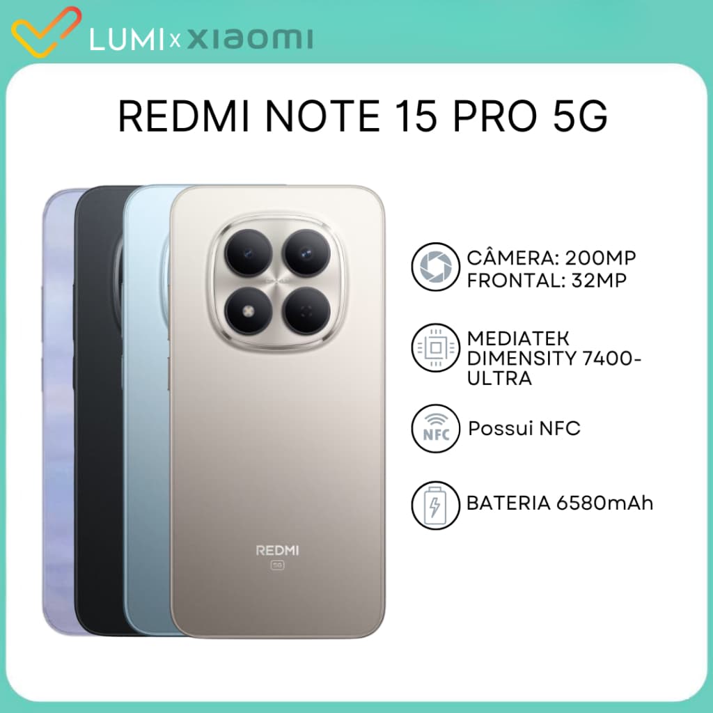 Xiaomi Redmi Note 15 PRO 5G Câmera 200MP, Versão Global 256GB/8GB RAM, MediaTek Dimensity 7400-Ultra