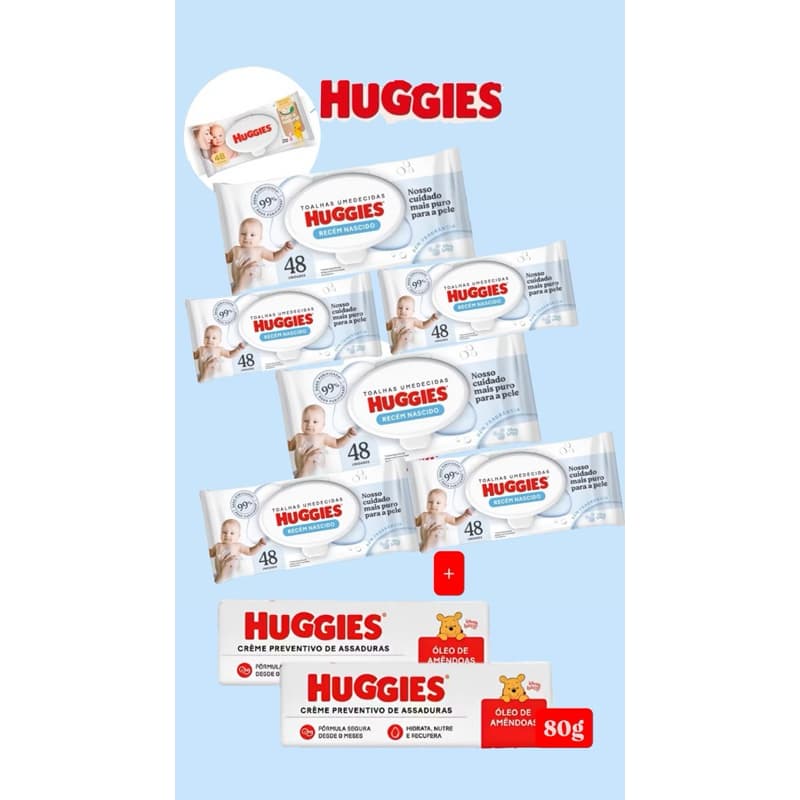 Kit 6 Pacotes Lenço Umedecido  Huggies Recém Nascido 288 - lenços  + 2 Unidades Pomada Huggies Hidratação Amêndoas 80g
