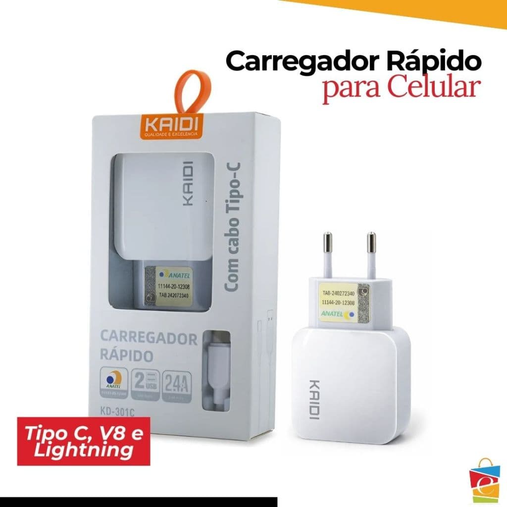 Carregador Rápido Kaidi 2 USB 2.4A Com Cabos Lightning V8 E Tipo C