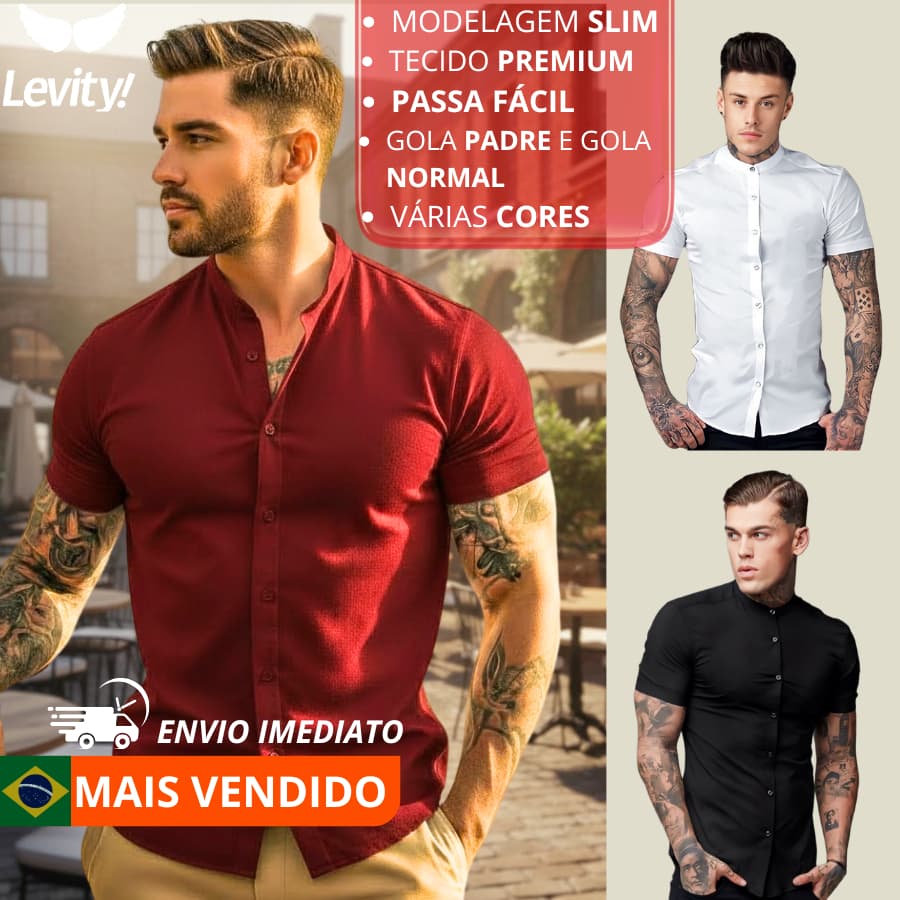 Camisa Social Masculina Gola Padre Slim Fit Linho e Viscose Tecido Premium