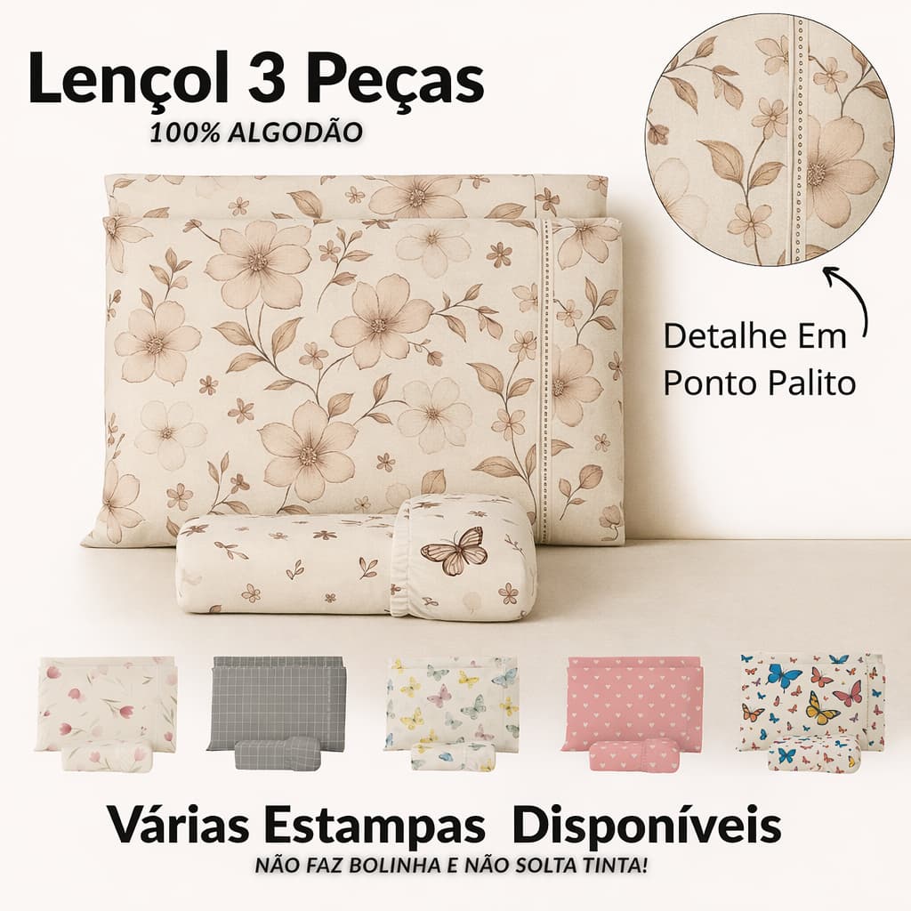 Jogo de Lençol Percal 180 Fios Algodão 100% Toque Macio com Elástico Solteiro Casal Queen King