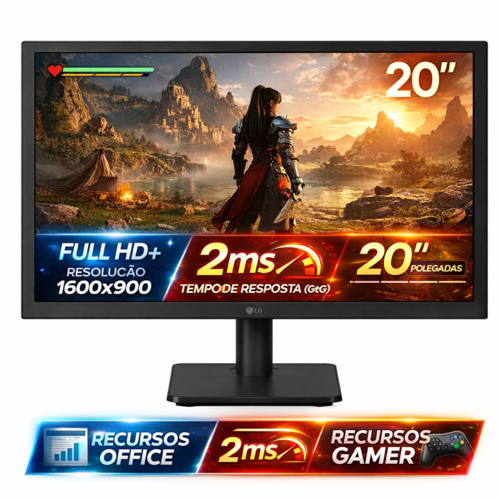 Monitor LG 20” HD+ 1600x900 2ms HDMI VGA 20U401A-B Office e Gamer Casual
