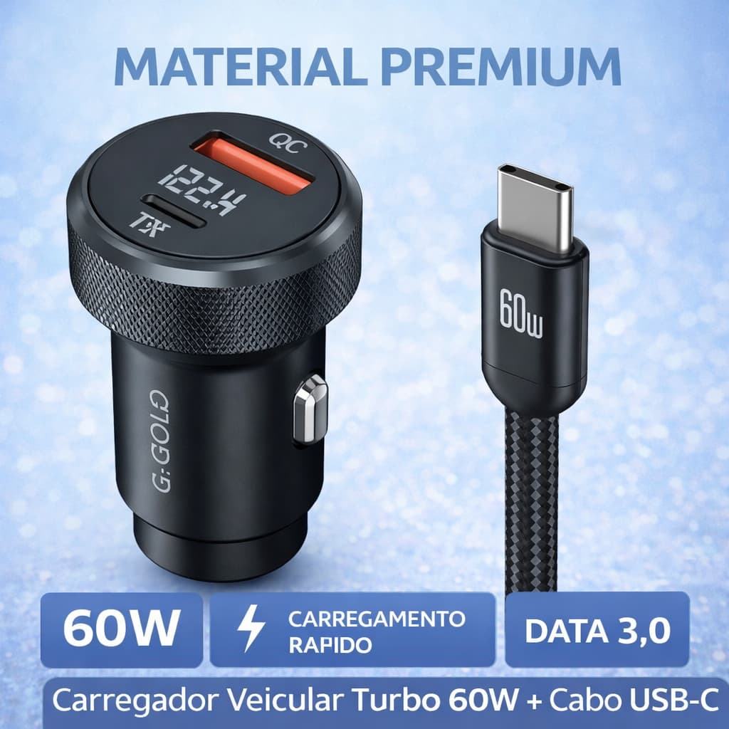 Carregador Turbo 60W USB + Cabo Tipo-C para Carro, Carregamento Rápido para Celular