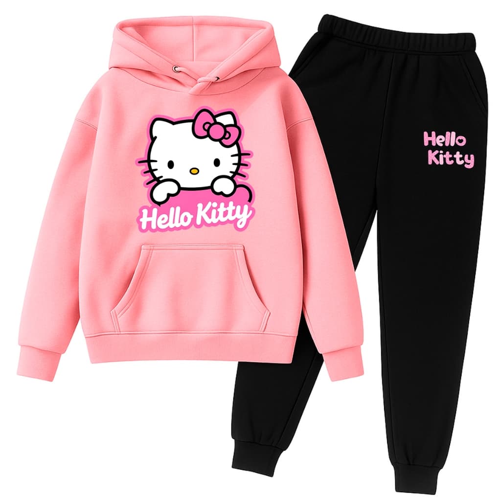Conjunto Moletom Infantil Gatinha Kawaii Rosa Menina Inverno Blusa Frio Calça