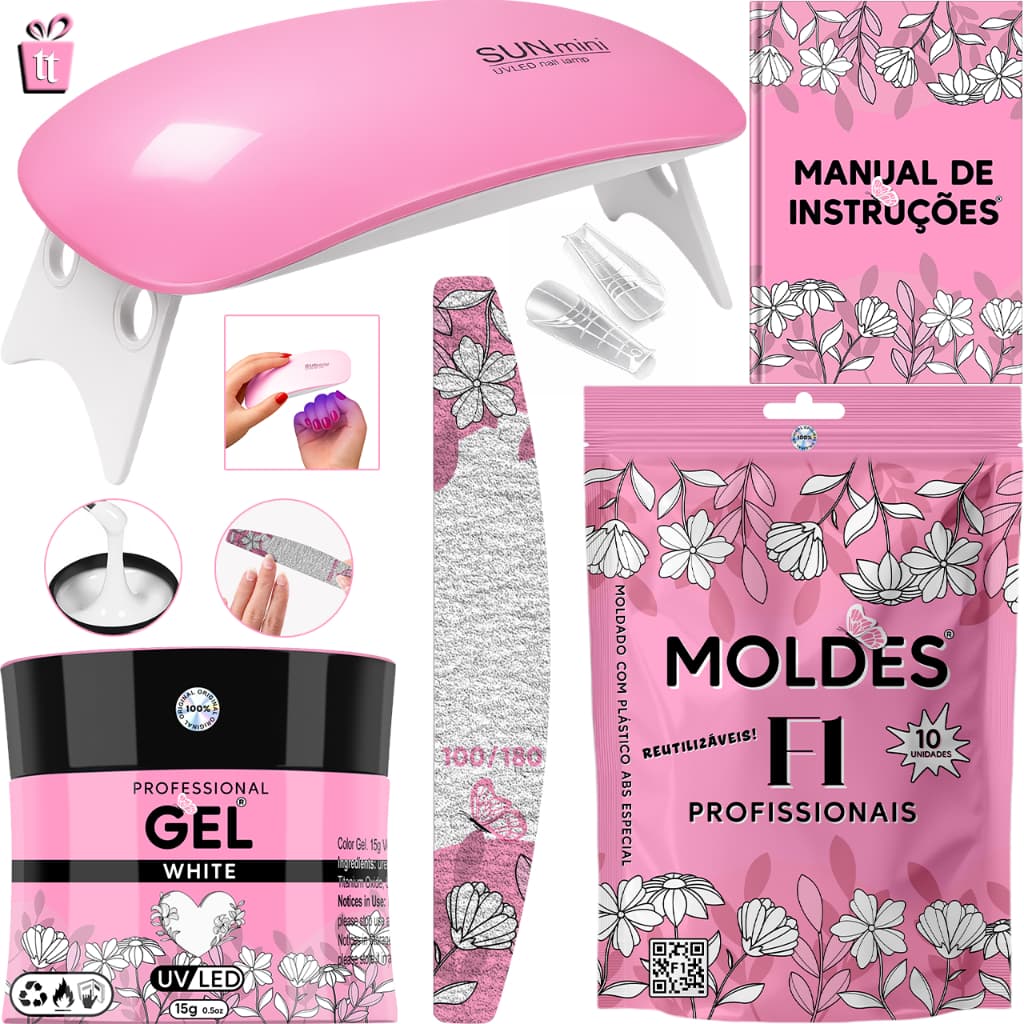 Kit Unha Gel Construtor Unhas Profissional – Molde F1 + Lixa + Mini Cabine UV/LED – Nail Completo