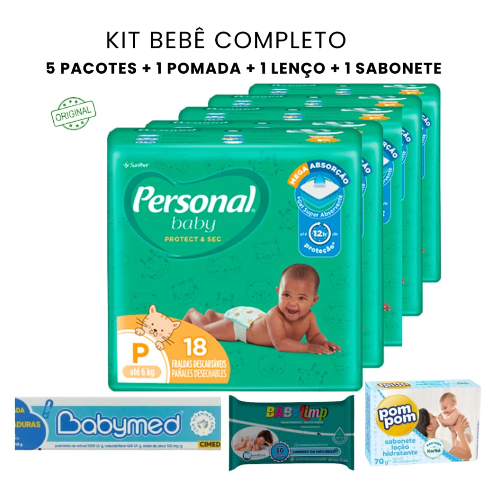 Promoção 5 Pacotes Fralda Descartável Personal Baby + Lenço Umedecido + Sabonete Pompom + Pomada