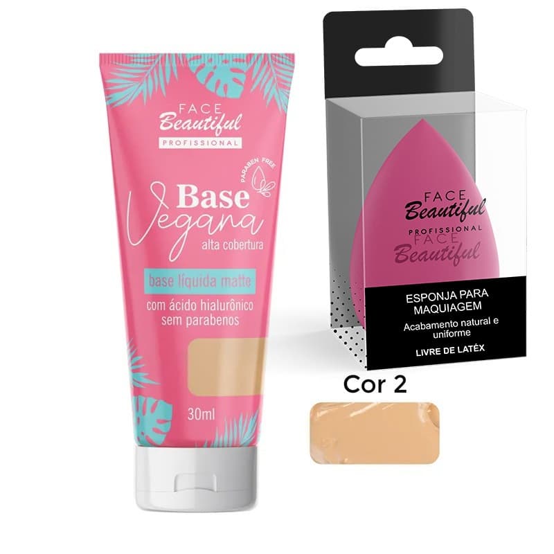 Kit Base Liquida Vegana Alta cobertura e Esponja para maquiagem Face Beautiful