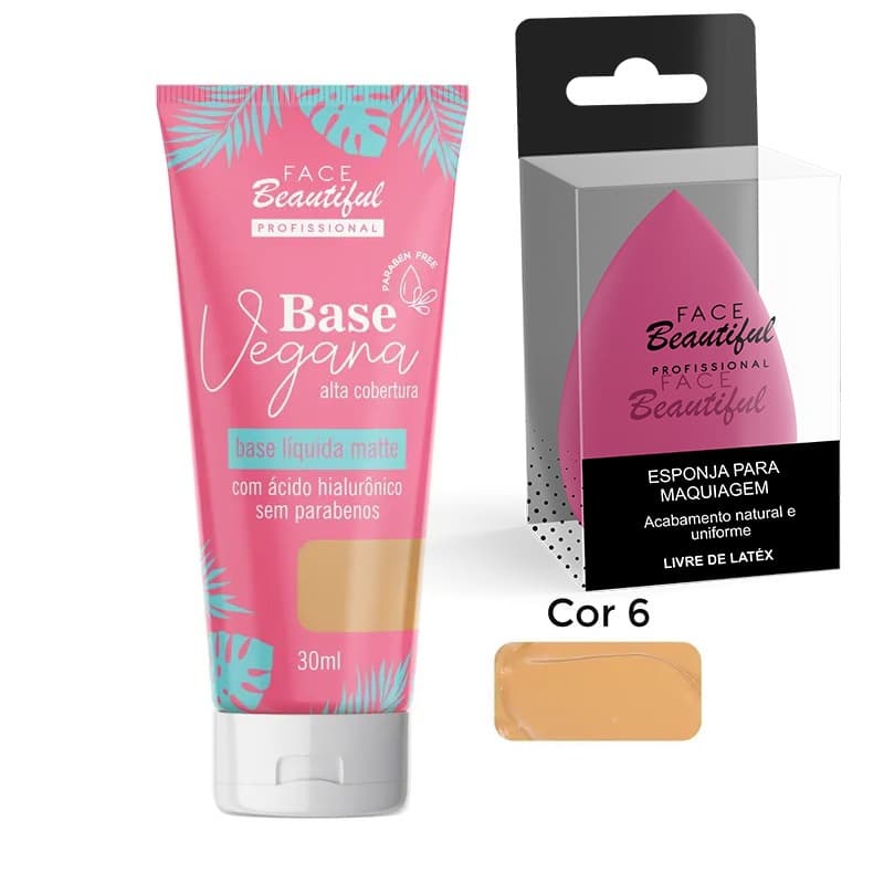 Kit Base Liquida Vegana Alta cobertura com Esponja para maquiagem Face Beautiful