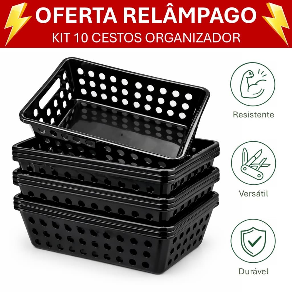 Organizador de Armário Kit 10 Cestos Plástico Médio para Gaveta Cozinha Banheiro Lavanderia Casa