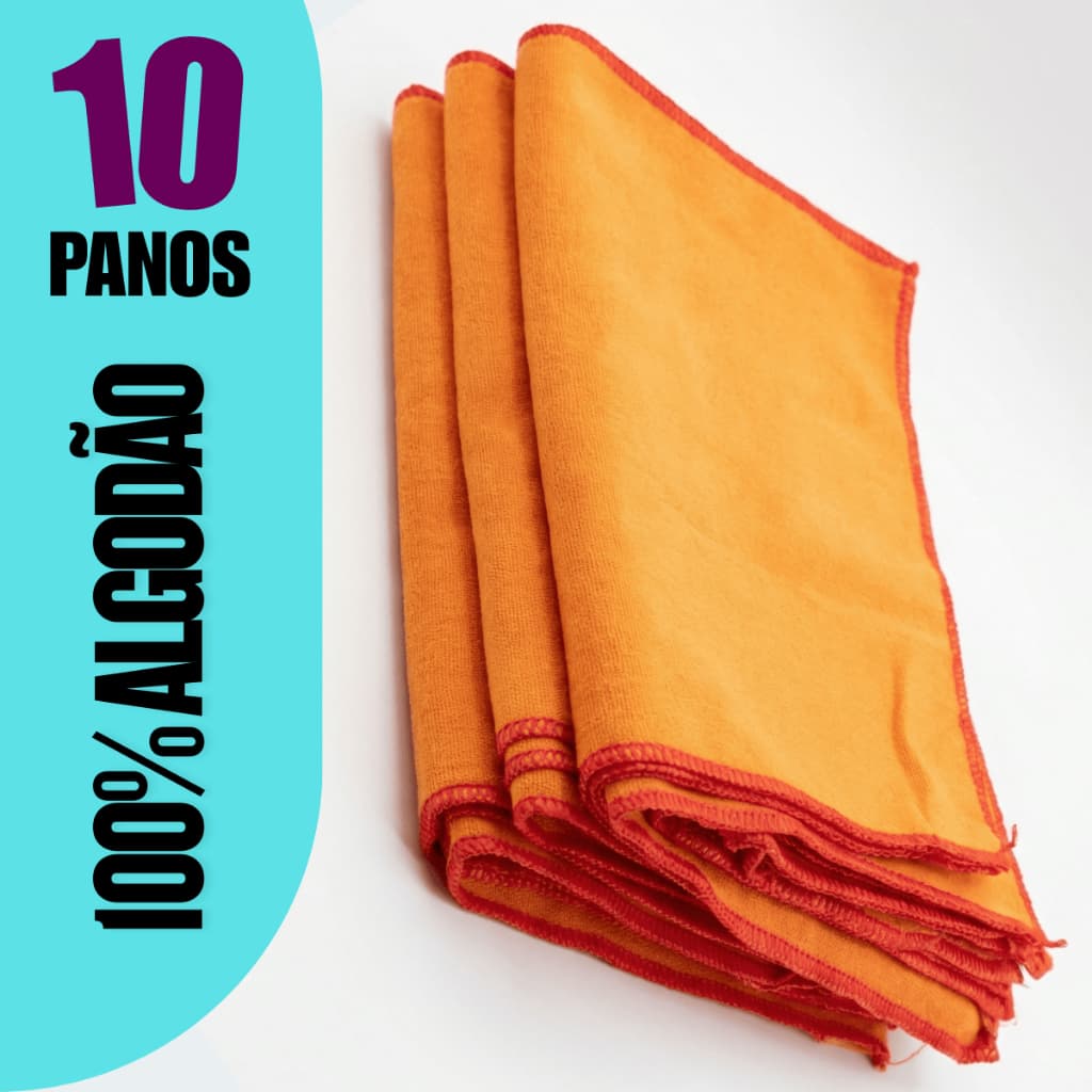Kit 10 Flanelas de Limpeza Laranja 38x28cm Algodão | Cantos Reforçados Overloque | Multiuso Casa e Carro