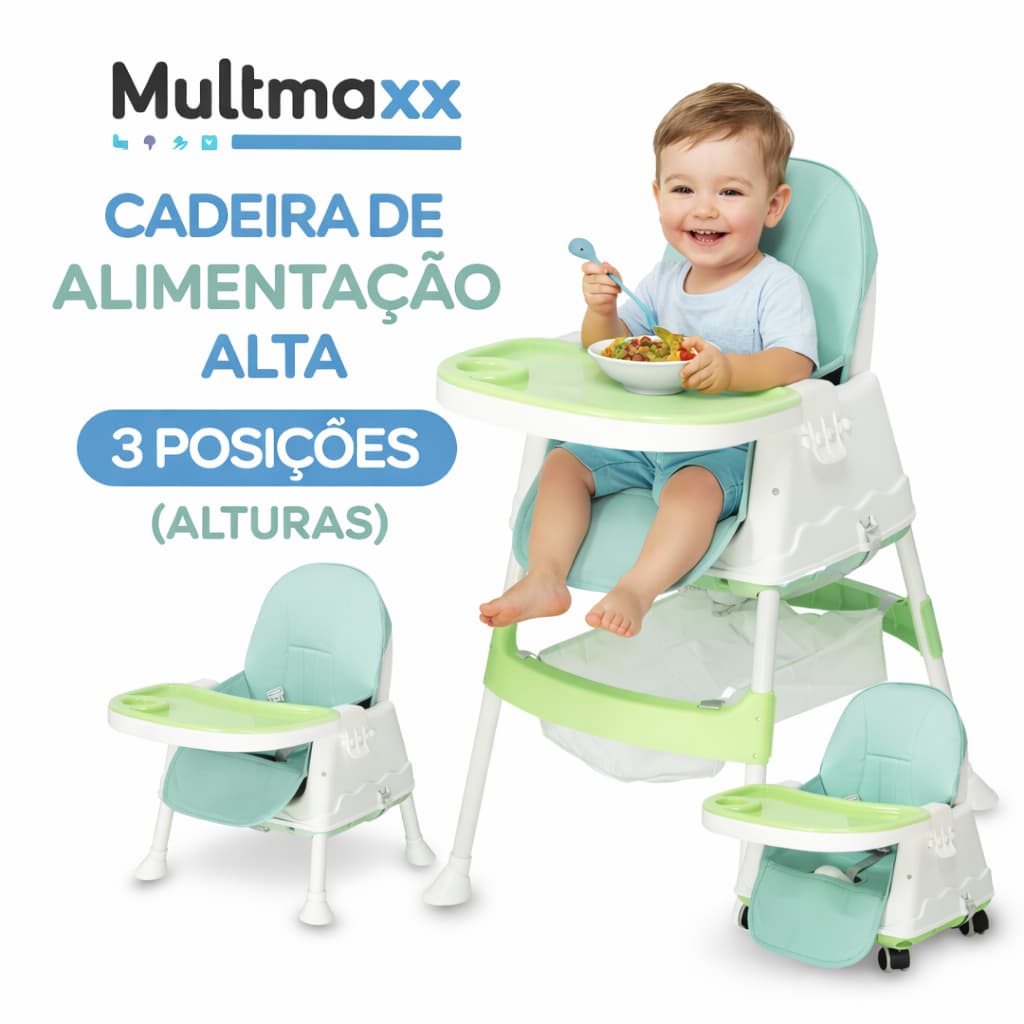 Cadeira de Alimentação Bebê 3 Alturas Cadeirinha Portatil Infantil Verde Multmaxx