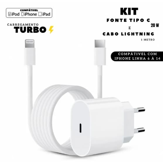 Kit Carregador 20W + Compativel Cabo Lightning - Carregamento Rápido