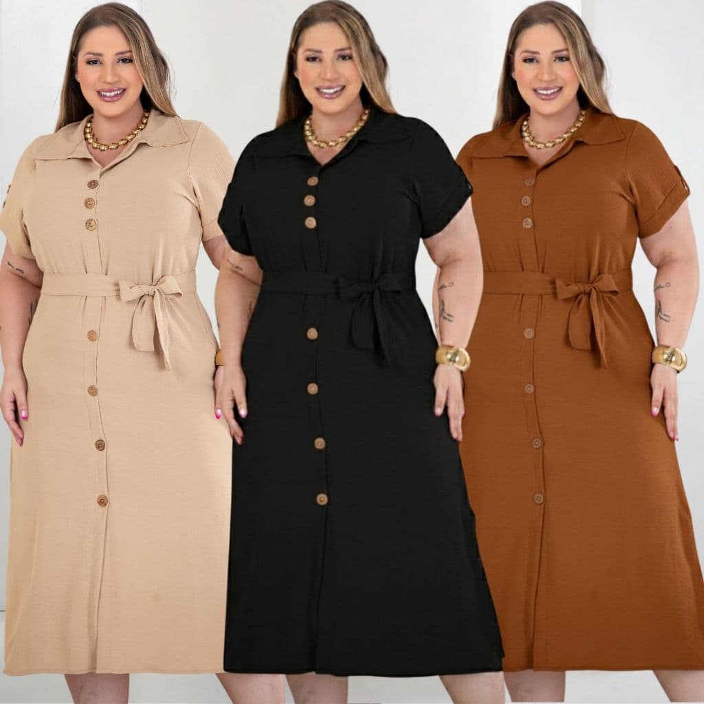 Vestido Feminino Plus Size Midi Chemise Dunas com Cinto e Fenda Lateral - Do G2 ao G3 Pronta Entrega