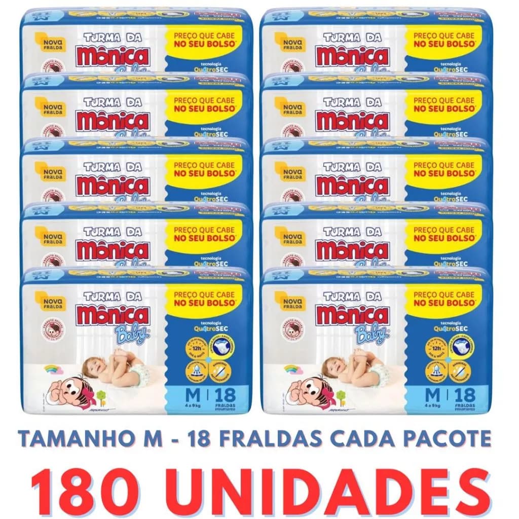 Fralda Descartável Turma da Mônica 10 Pacotes + Lenço Umedecido + Sabonete Bebê
