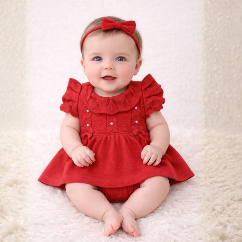 Conjunto Tricô Menina Vestido Tapa Fralda Laço Bebê Enxoval Calcinha Maternidade