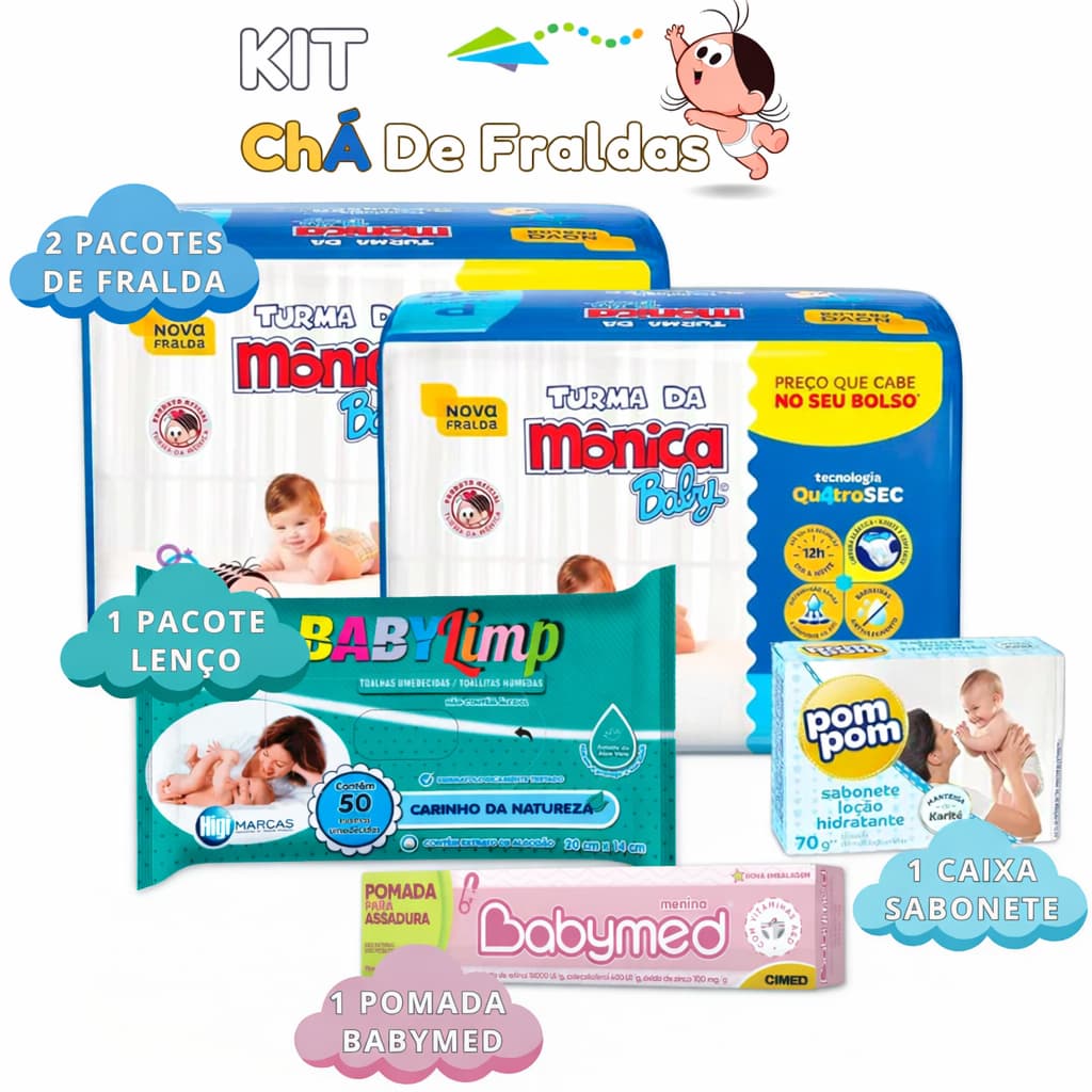 Kit Chá de Bebê Completo: 2 pacotes Fraldas Descartáveis + Lenço + Pomada + Sabonete