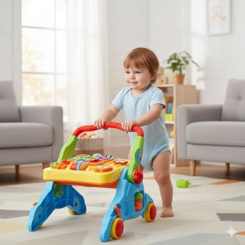 Andador Bebê Mesa Didática 4 em 1 Com Som e Freio Brinquedo Educativo Atividades Musical Bebê - Pronta Entrega