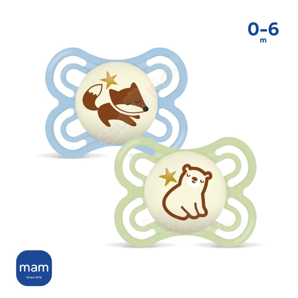 2 Chupetas MAM Perfect Night 0-6 M Brilha Escuro Dupla Bico Silicone Bebê Menino Kit Recem nascido