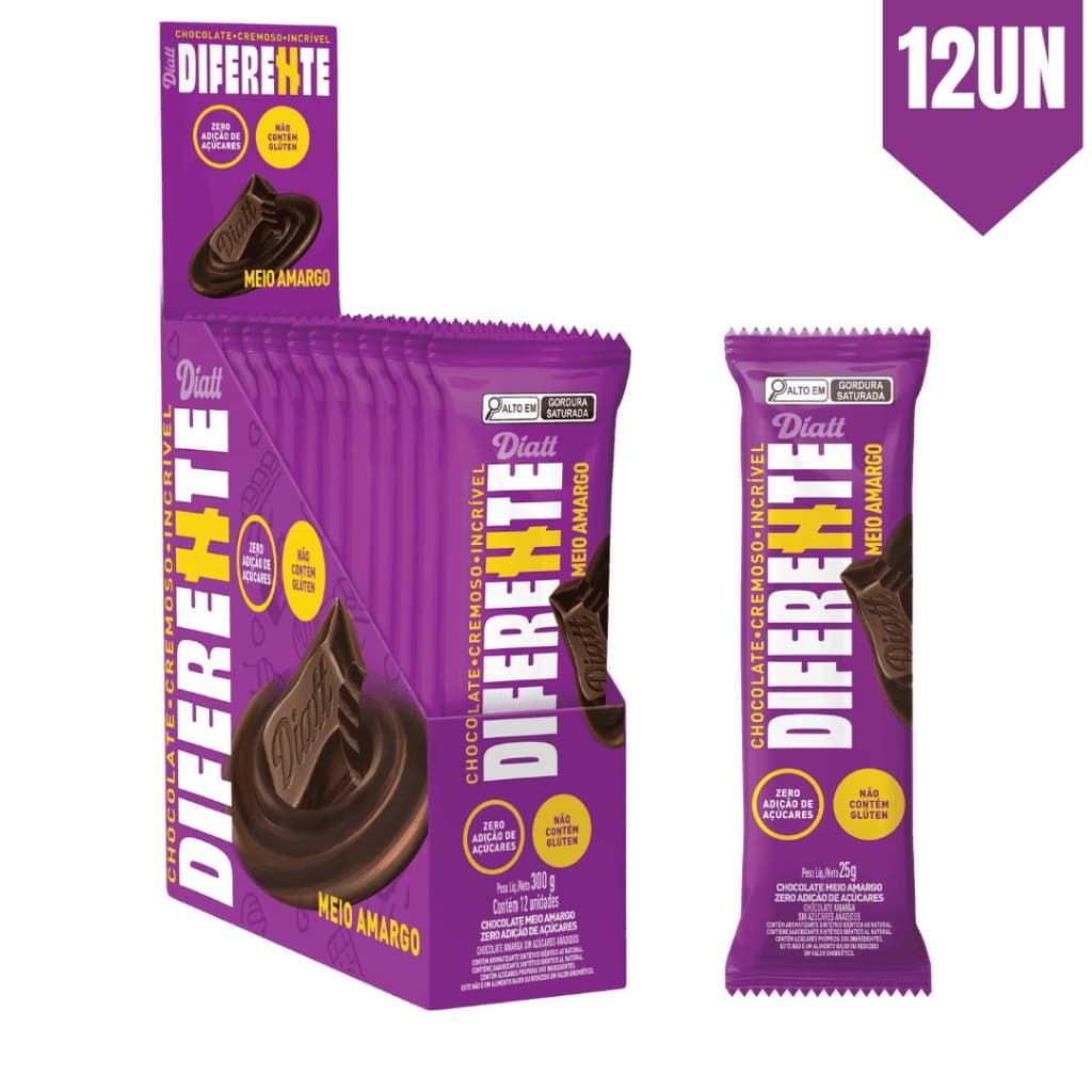 Tablete Chocolate Meio Amargo Zero Açúcar Diferente Diatt Display com 12un 25g Saudável 57% Cacau