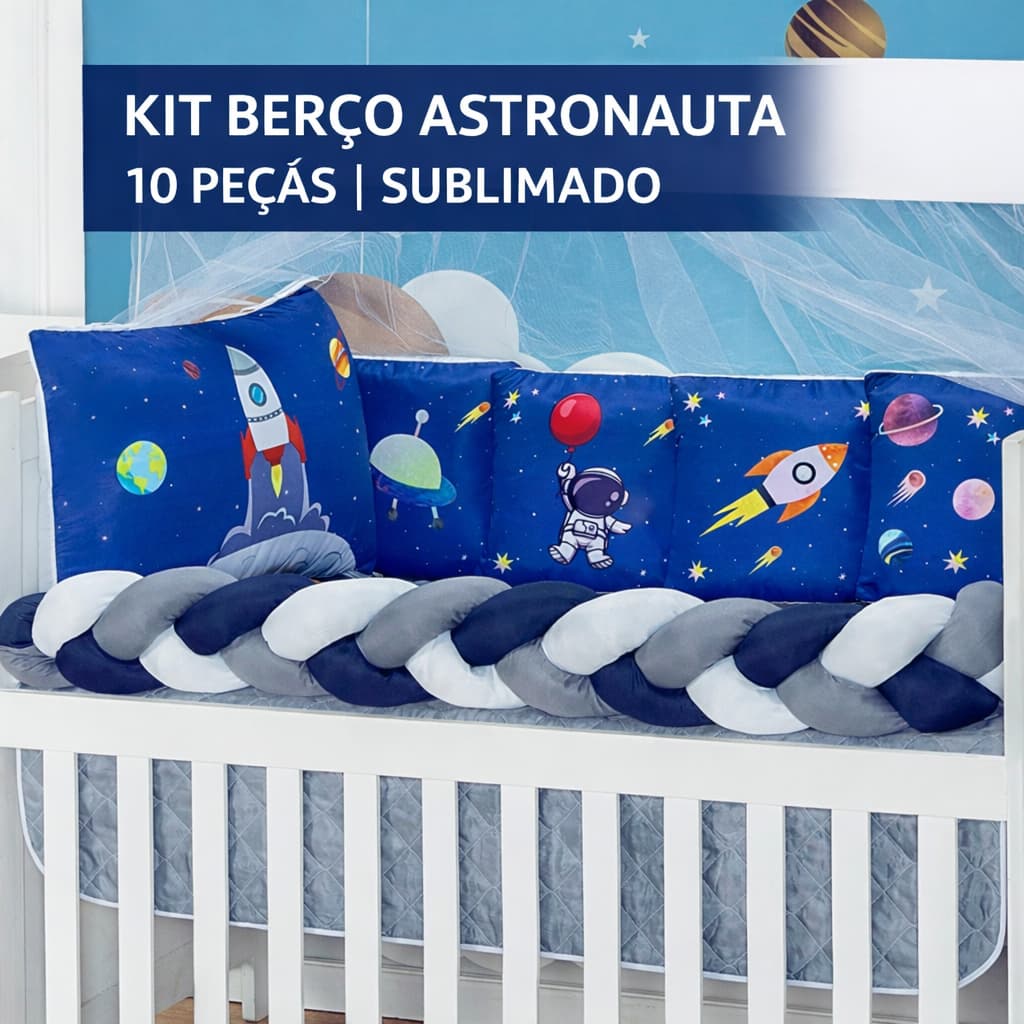 Kit Berço Sublimado Astronauta 10 Peças | Enxoval Bebê Padrão Americano