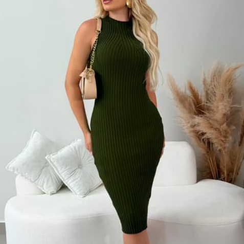 Vestido Feminino Midi Vestidos Tricot Tubinho Canelado Modal Roupa Feminina Elegante Sem Manga